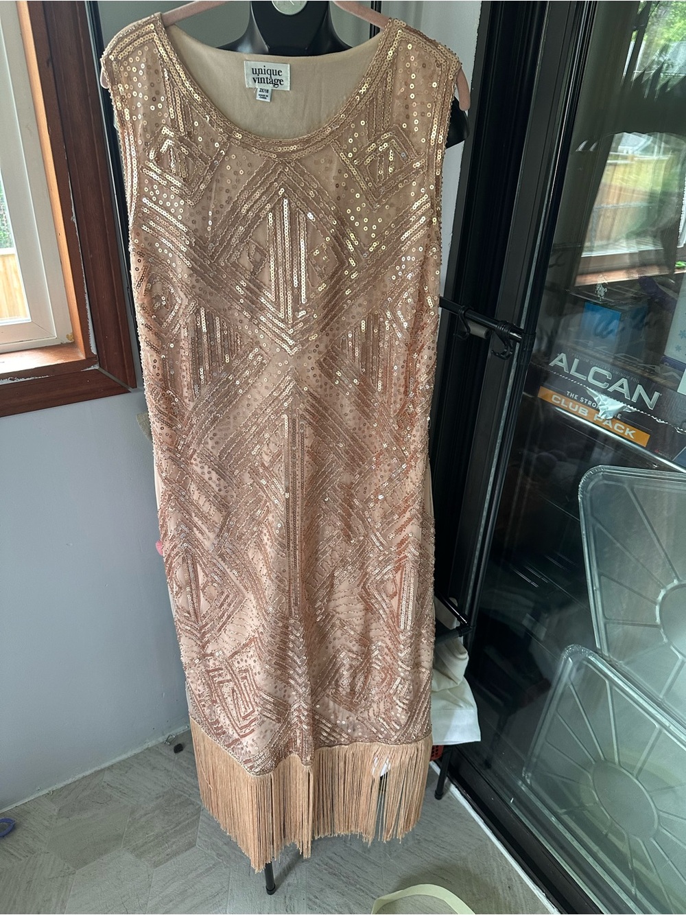 Unique Vintage Rose Gold Sequin Fringe Sheath Dress